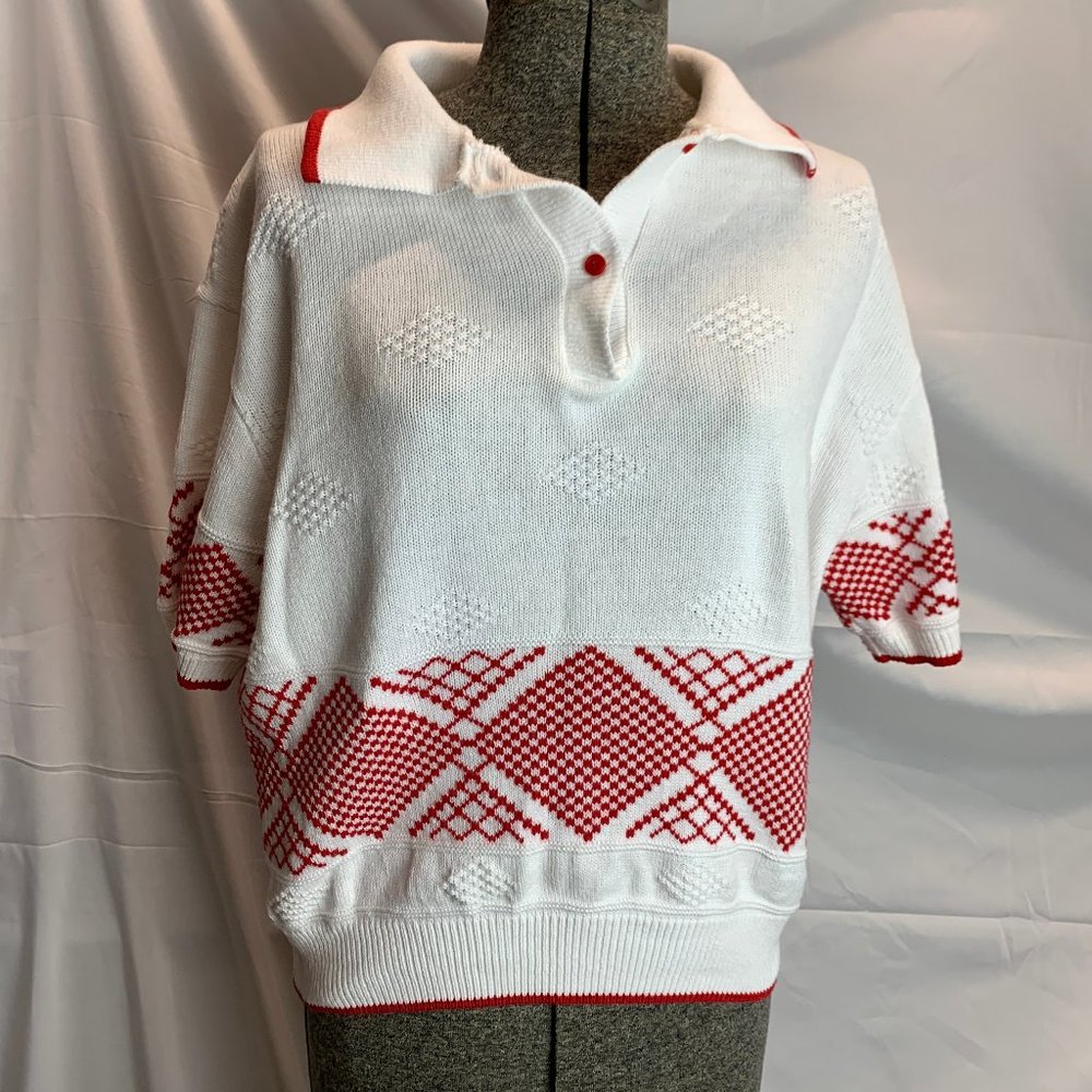 Vintage Nikki Short Sleeve Red and White Knit Sweater Size Large